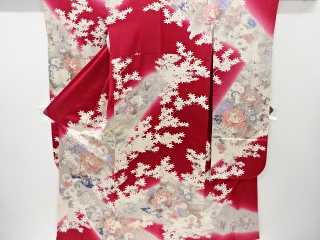 JAPANESE KIMONO / VINTAGE FURISODE / EMBROIDERY / PEACOCK & PEONY WITH MAPLE LEAVES